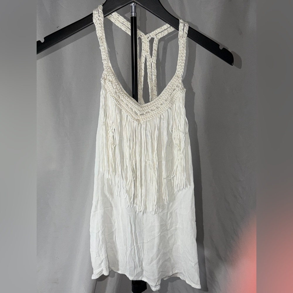 EARTHBOUND White Fringe Macrame Tank Top Size Small Western Boho Layering